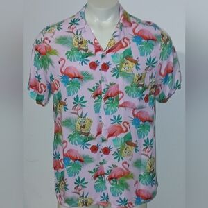 H & M Spongbob Squarepants Hawaiian Flamingo Button Front Short Sleeve Shirt L